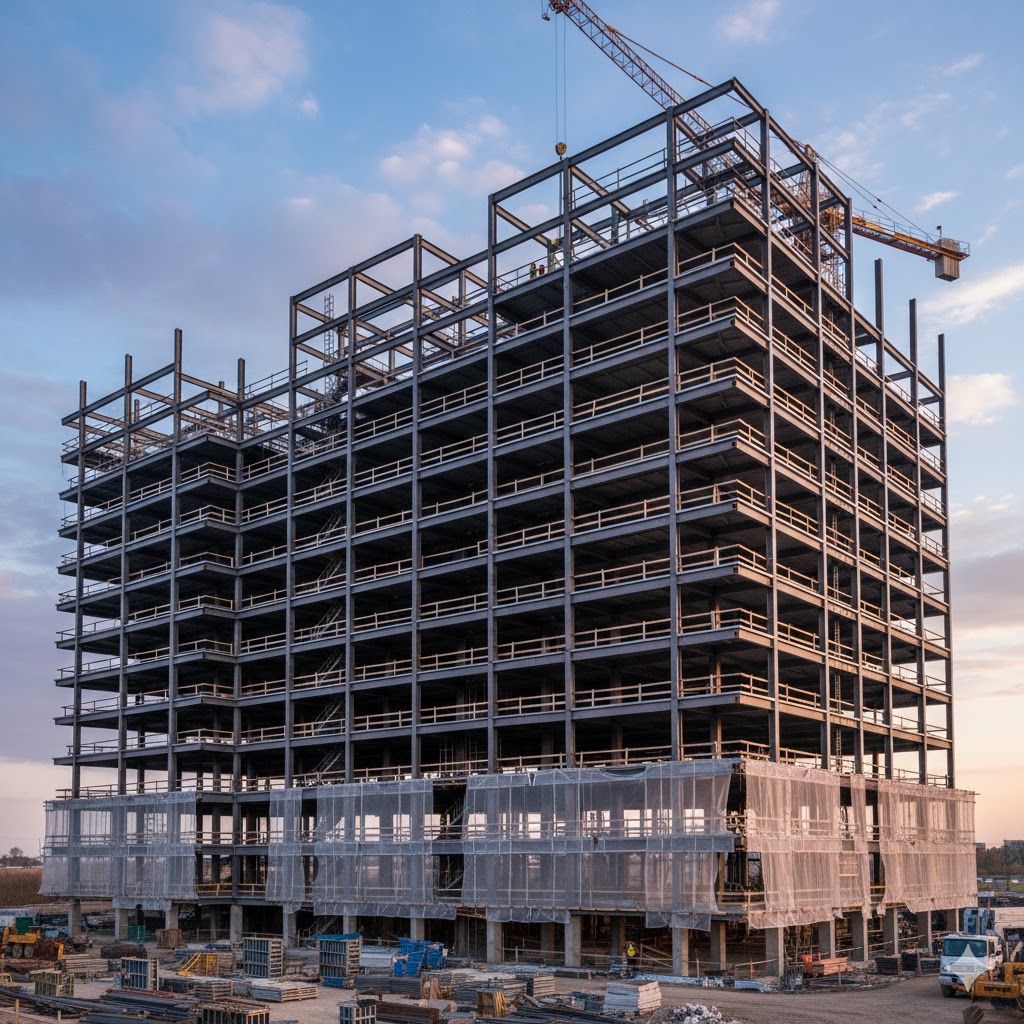 A building under construction with steel beams