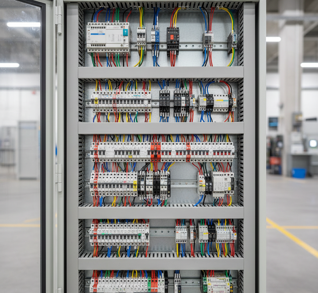 A neatly wired industrial control panel