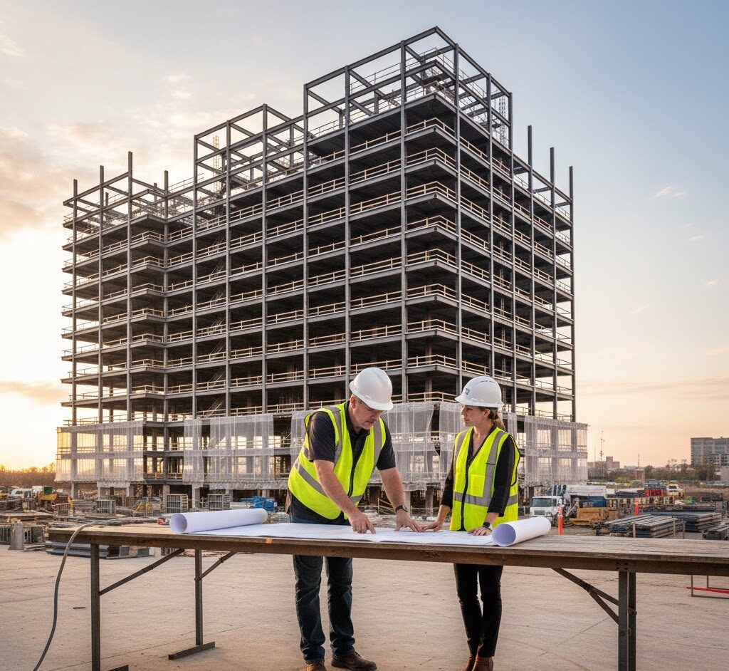 An engineer reviewing plans with a client