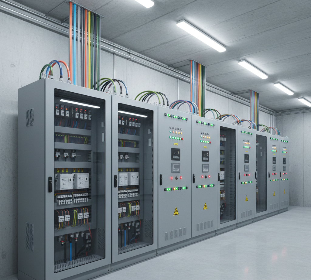 An image of Power Factor Correction (PFC) panels or capacitor banks.